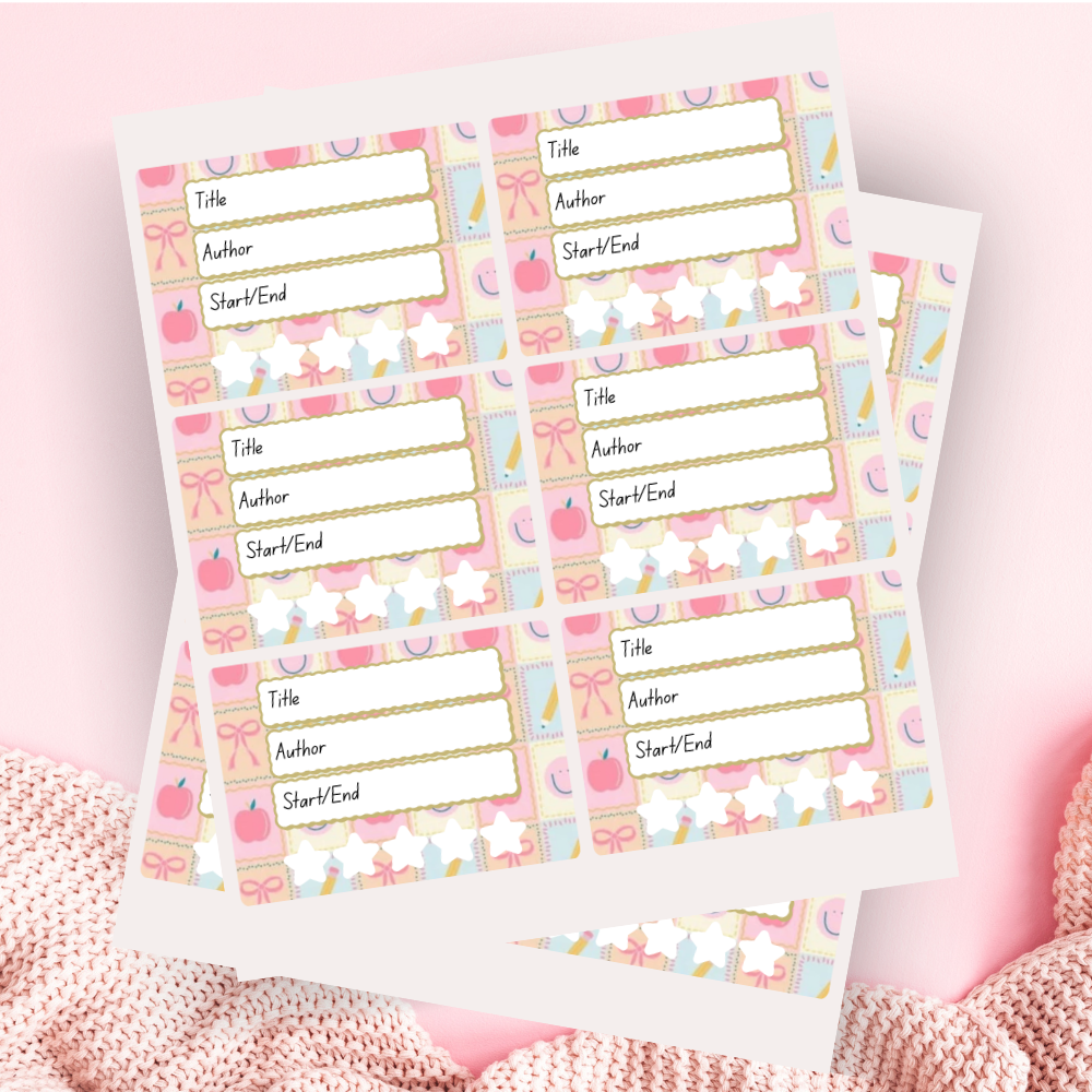 A book review sticker sheet against a pink background