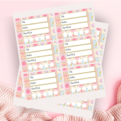A book review sticker sheet against a pink background