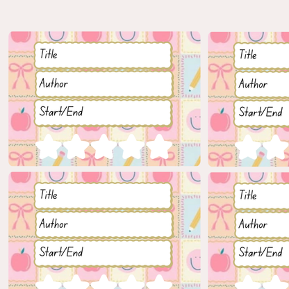 A book review sticker sheet against a pink background