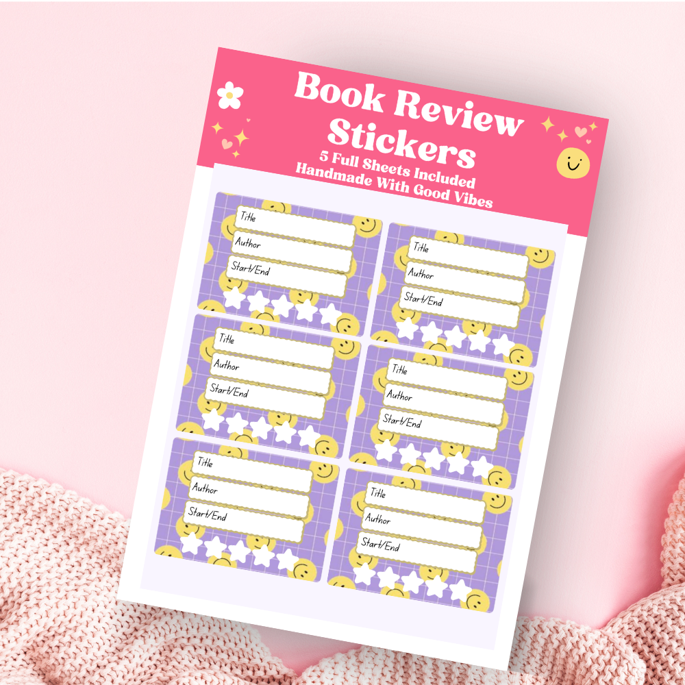 A book review sticker sheet against a pink background