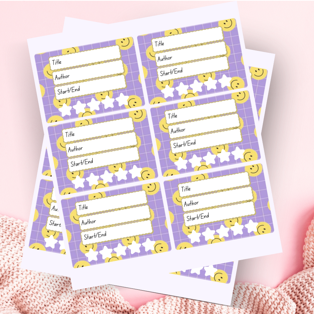 A book review sticker sheet against a pink background