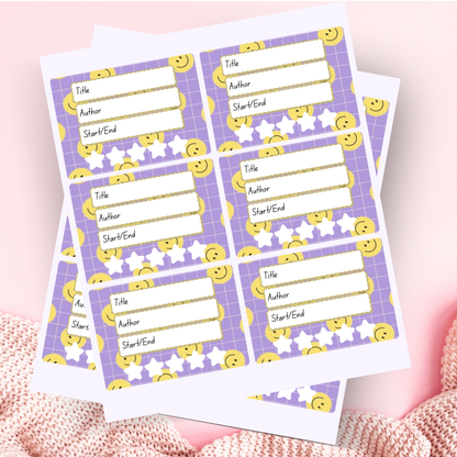 A book review sticker sheet against a pink background