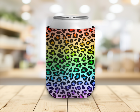 Can cooler with rainbow leopard pattern on a wooden surface