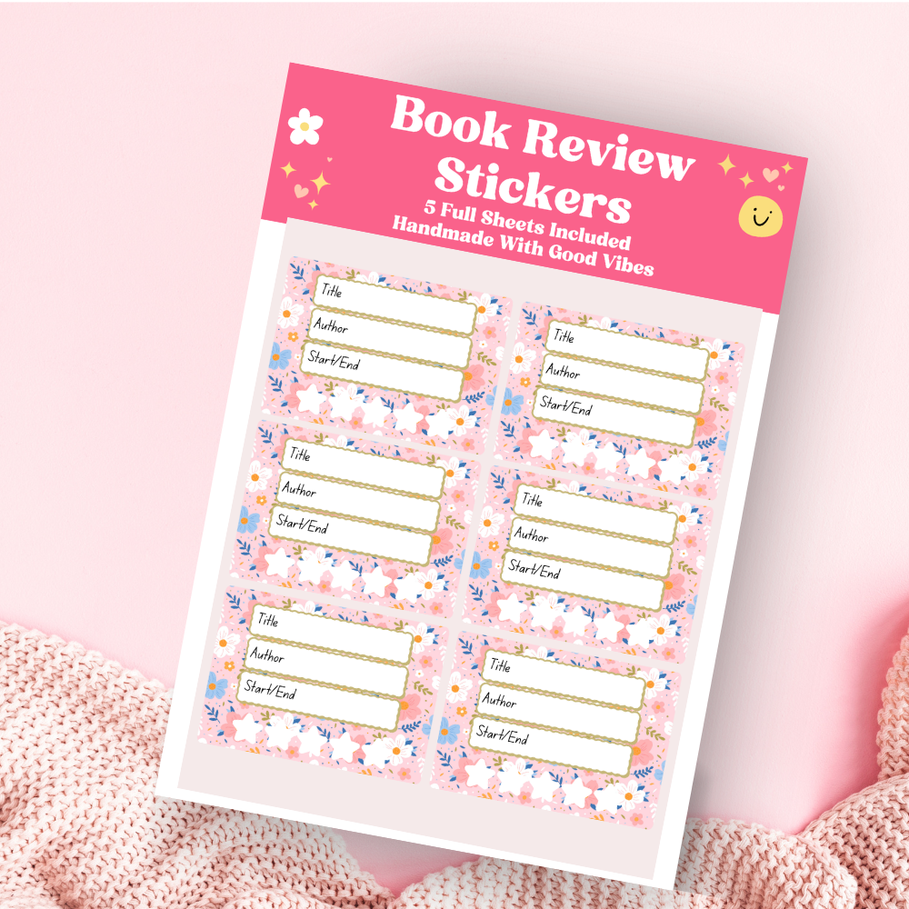 A book review sticker sheet against a pink background