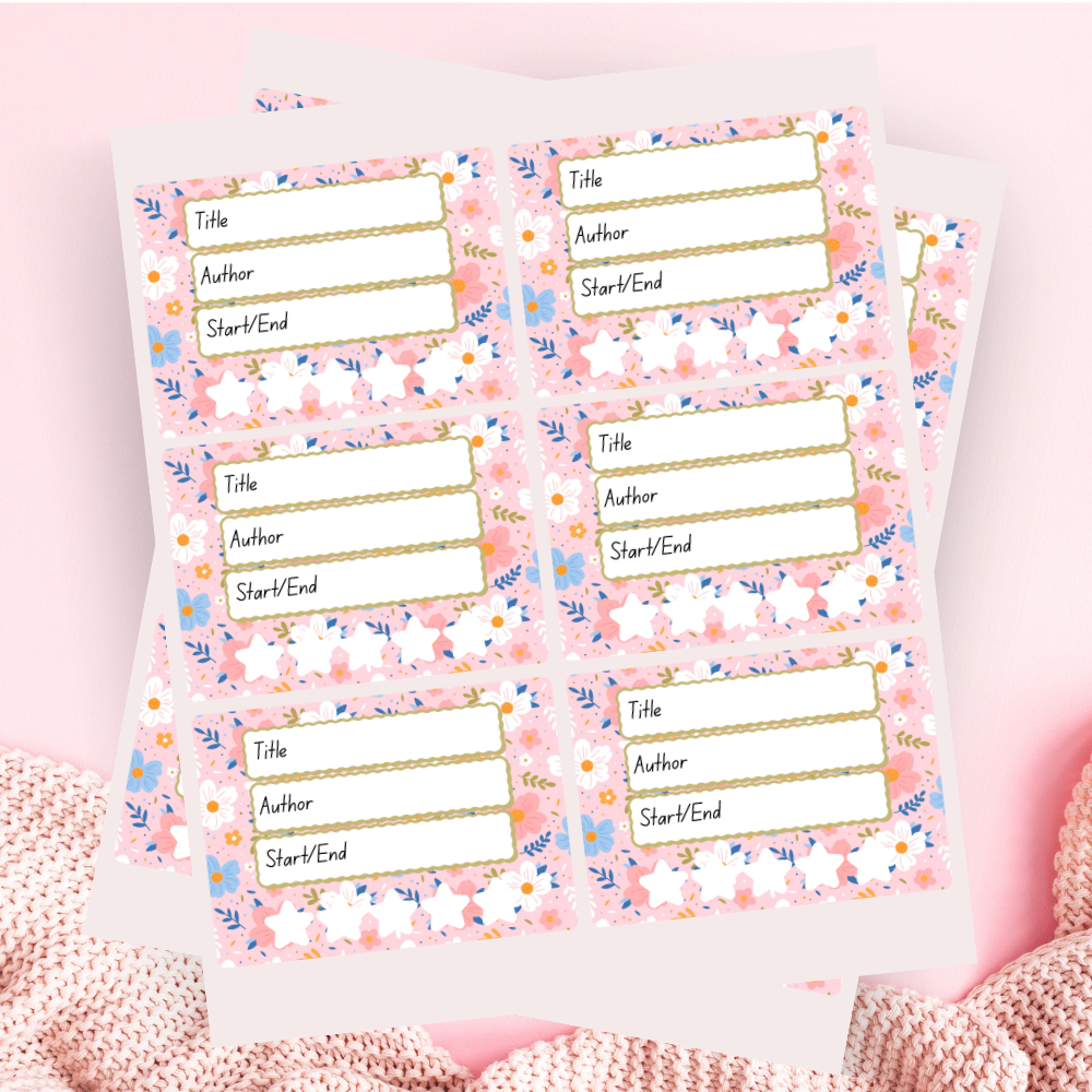 A book review sticker sheet against a pink background