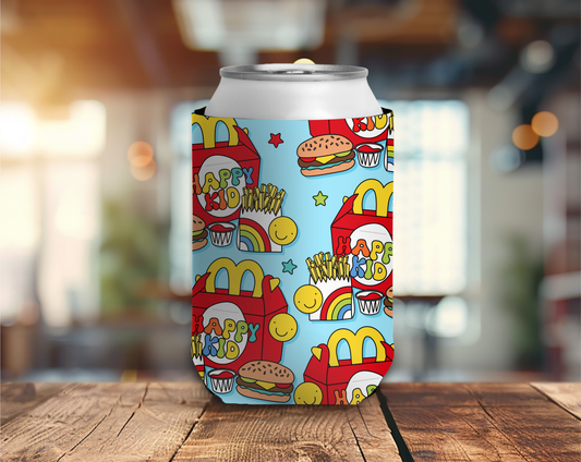 Colorful can with happy kid branding on a wooden surface
