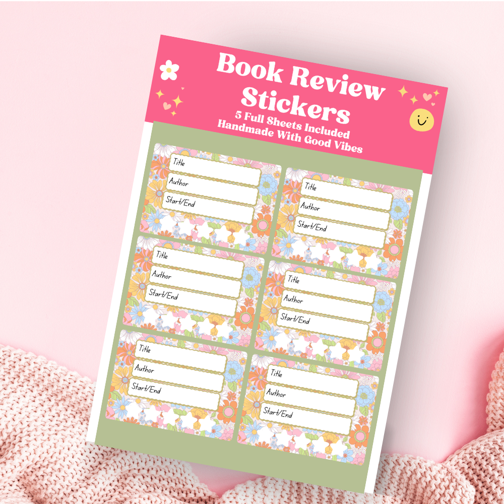 A book review sticker sheet against a pink background