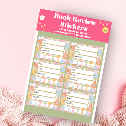 A book review sticker sheet against a pink background