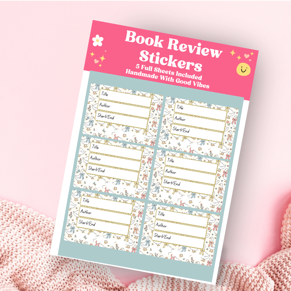 A book review sticker sheet against a pink background