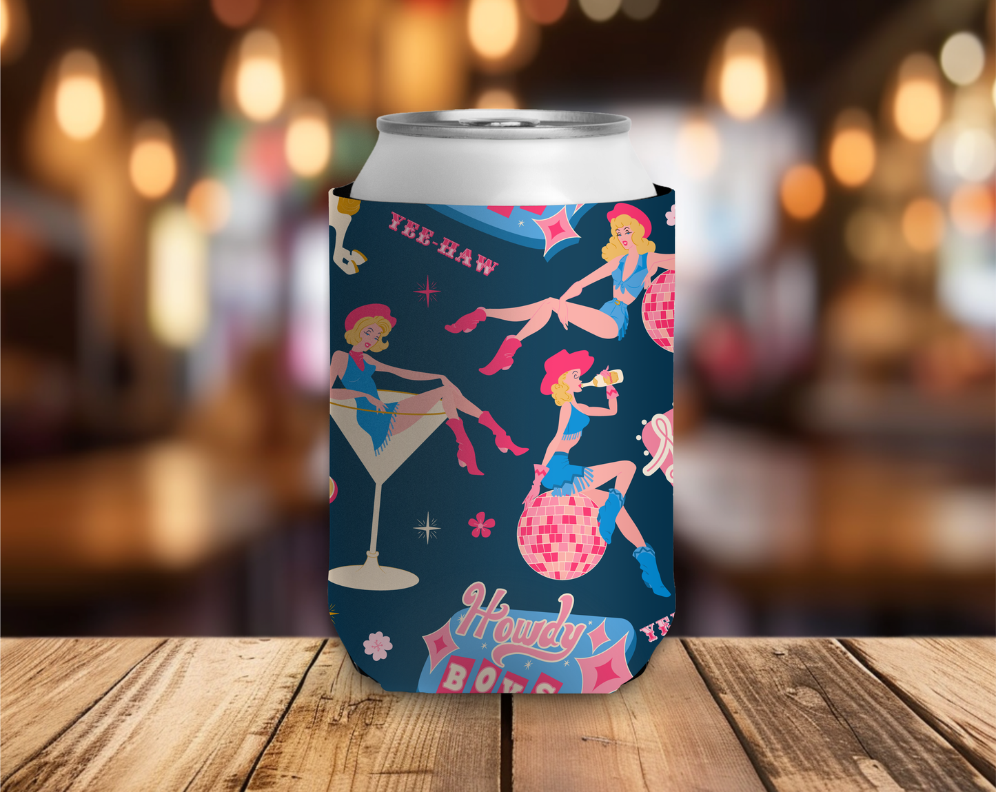 Can cooler with vintage-style design on a wooden table with a blurred bar background