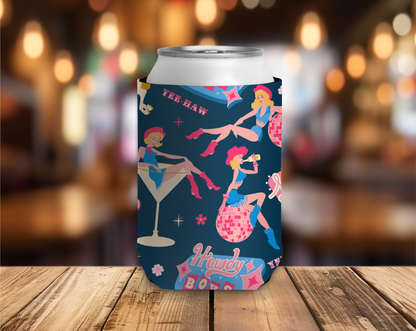 Can cooler with vintage-style design on a wooden table with a blurred bar background