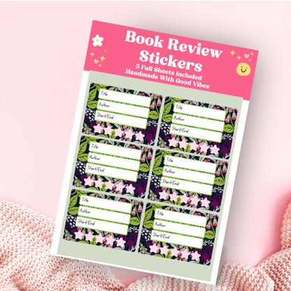 A book review sticker sheet against a pink background