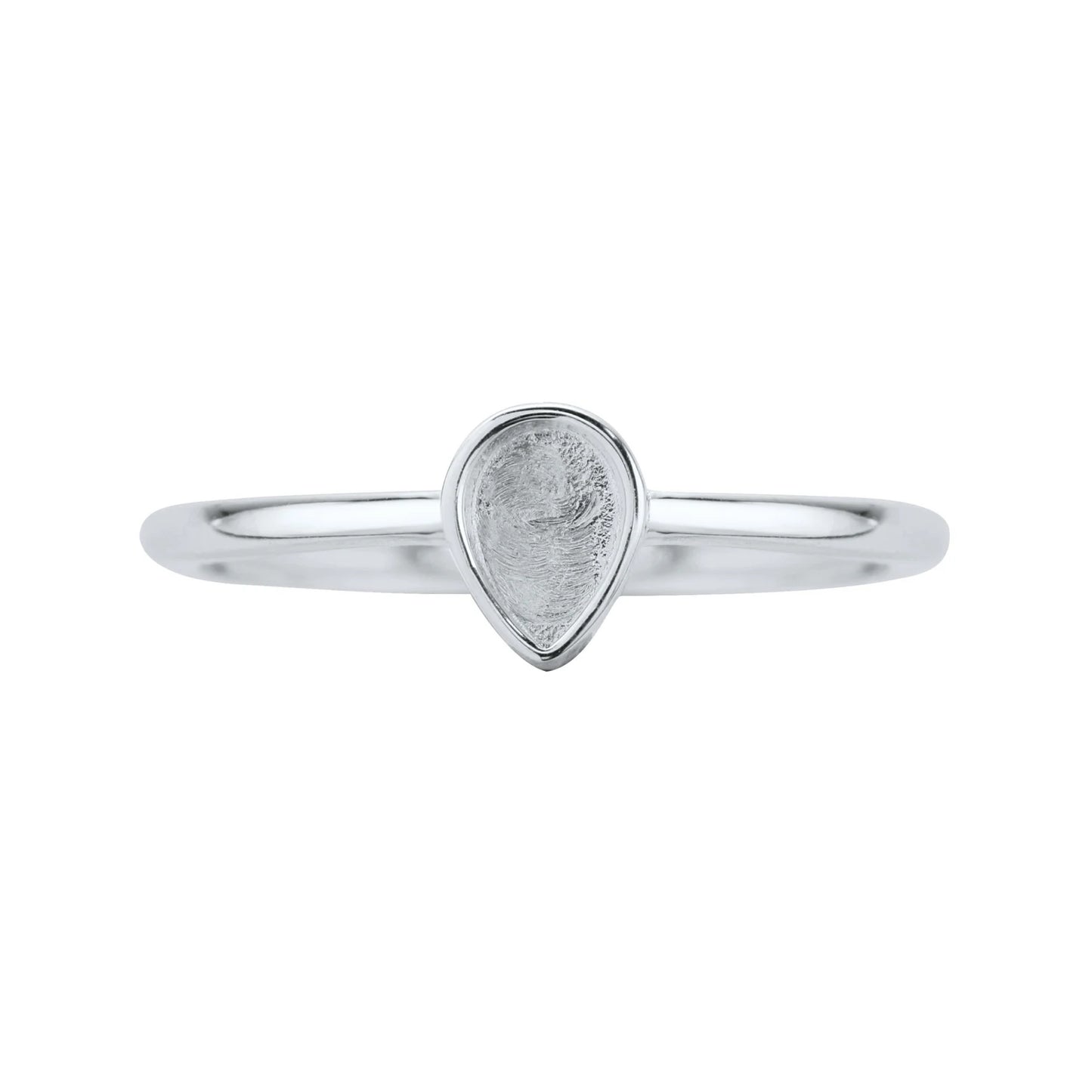 Silver ring with a teardrop-shaped gemstone on a white background