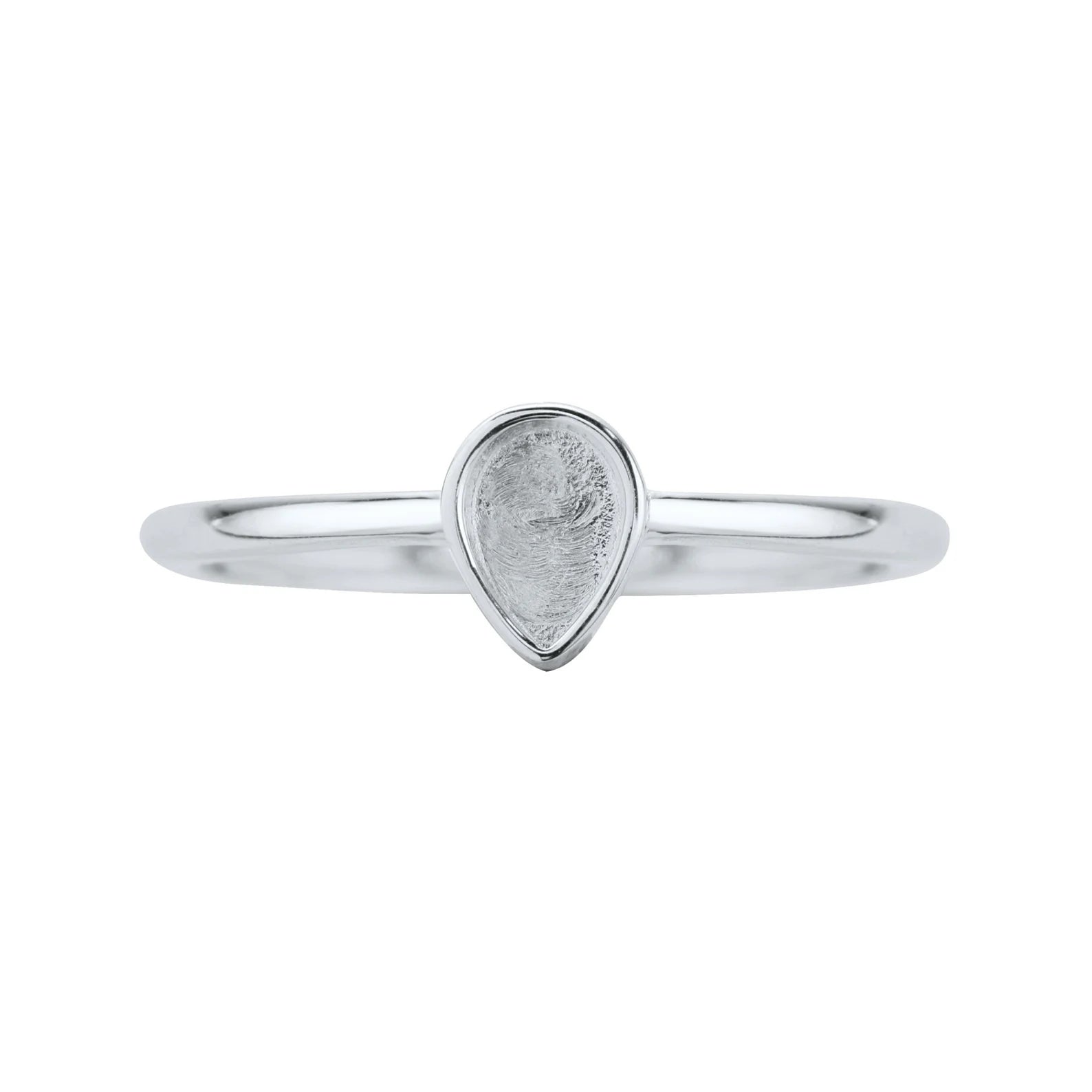 Silver ring with a teardrop-shaped gemstone on a white background