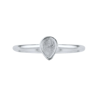 Silver ring with a teardrop-shaped gemstone on a white background