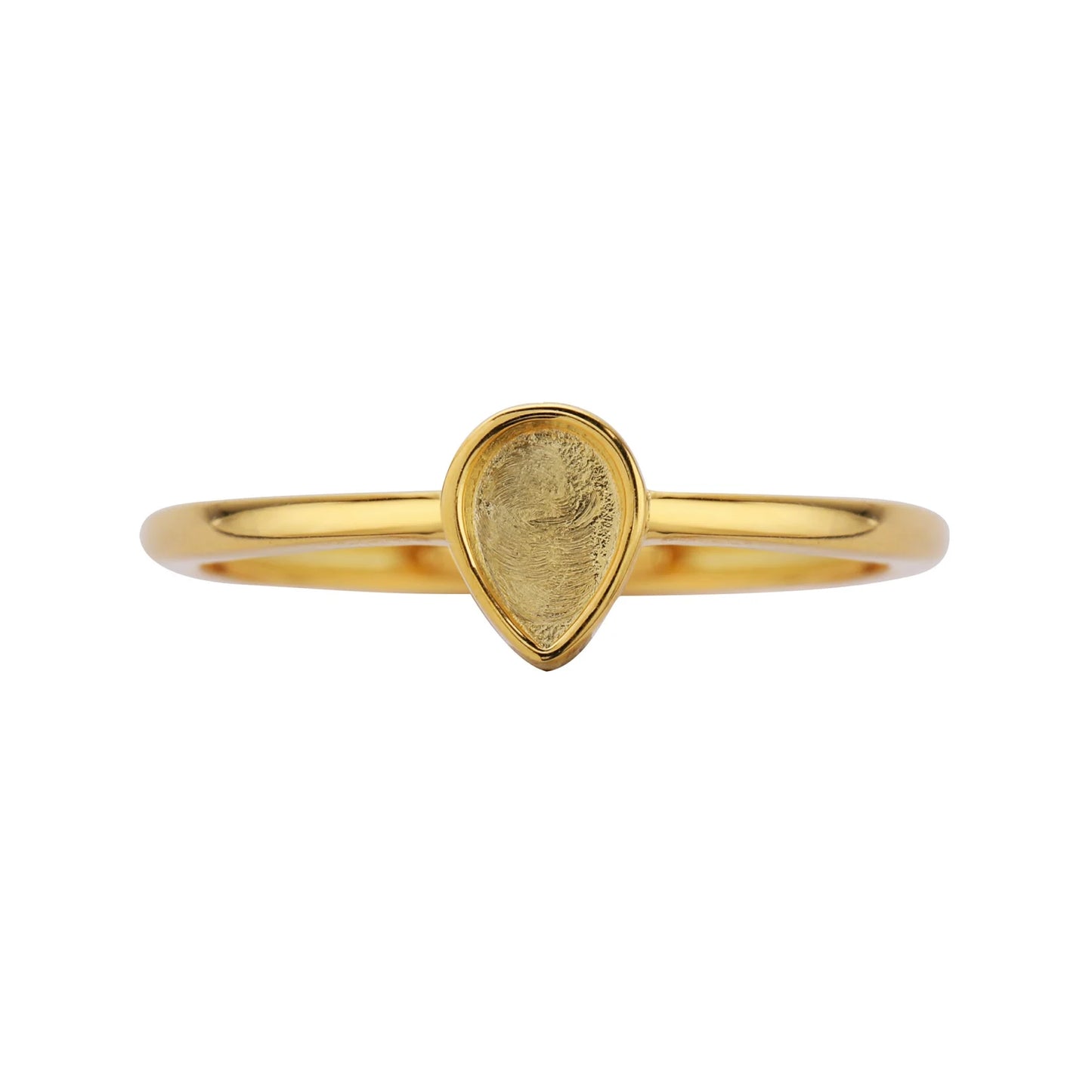 Gold ring with a teardrop-shaped center stone on a white background