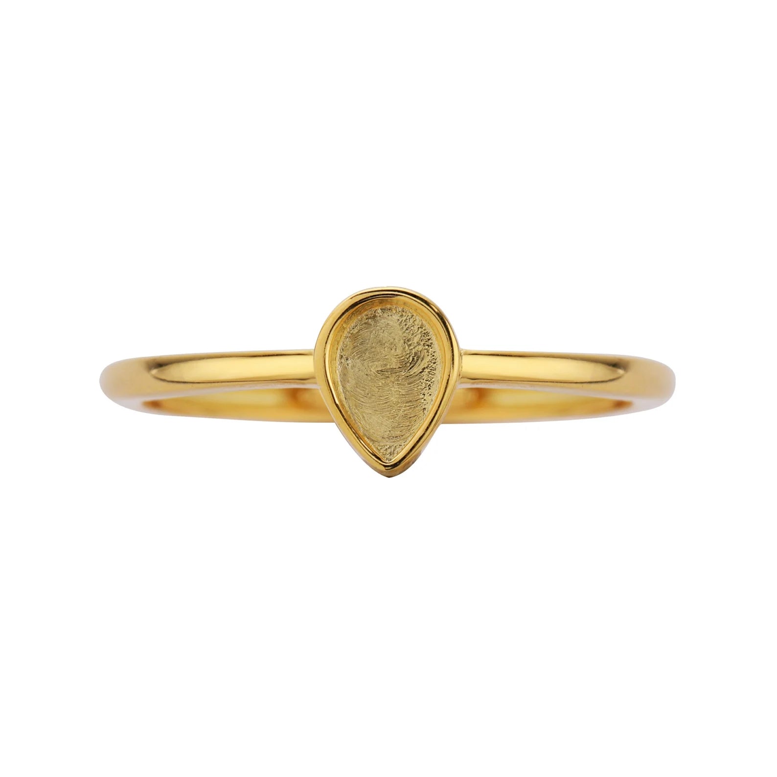Gold ring with a teardrop-shaped center stone on a white background