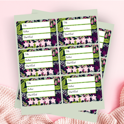A book review sticker sheet against a pink background