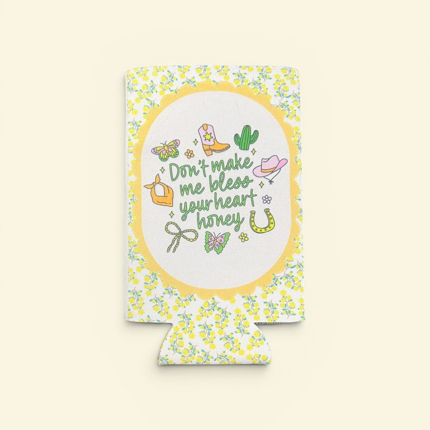 Decorative can cooler with floral pattern and text on a white background