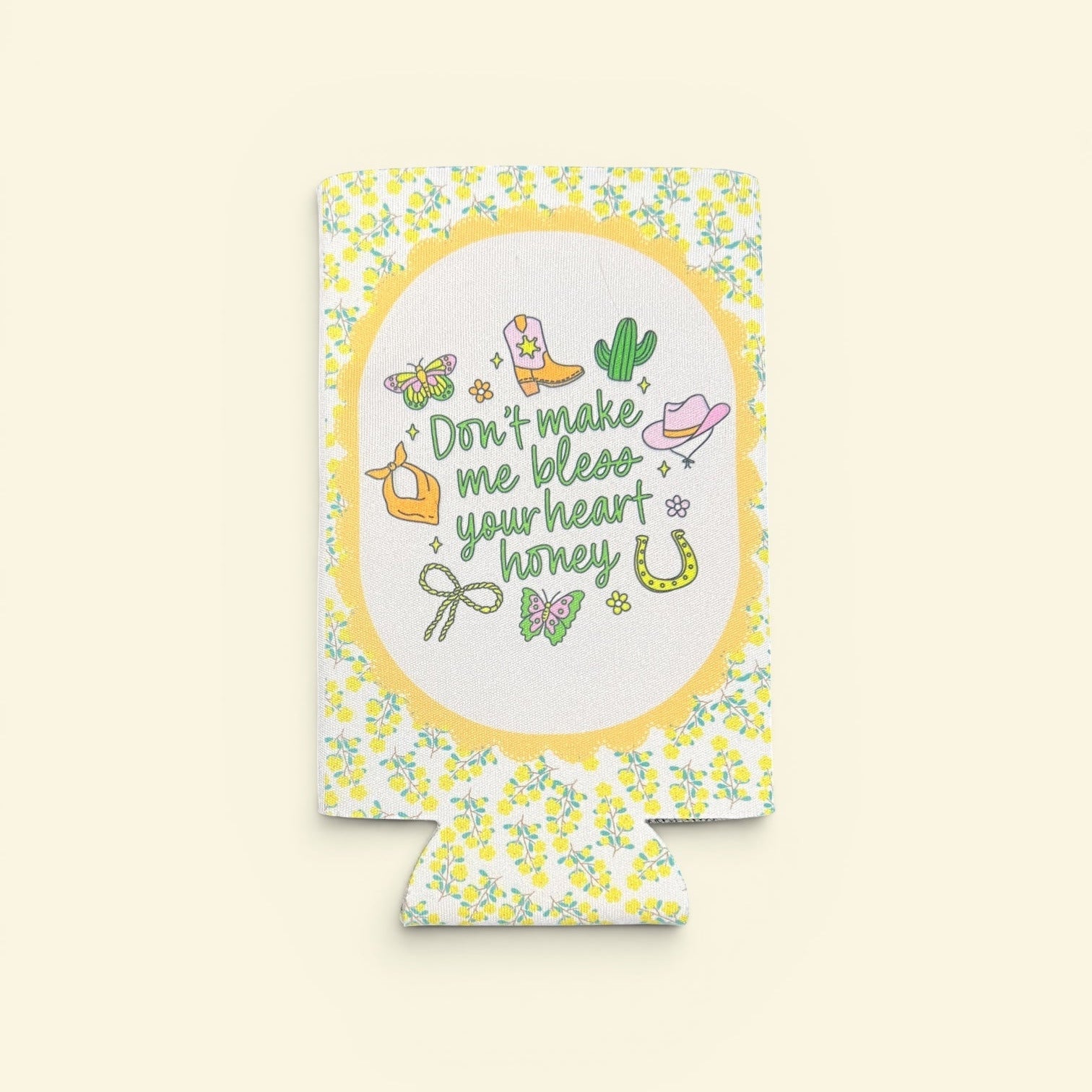 Decorative can cooler with floral pattern and text on a white background
