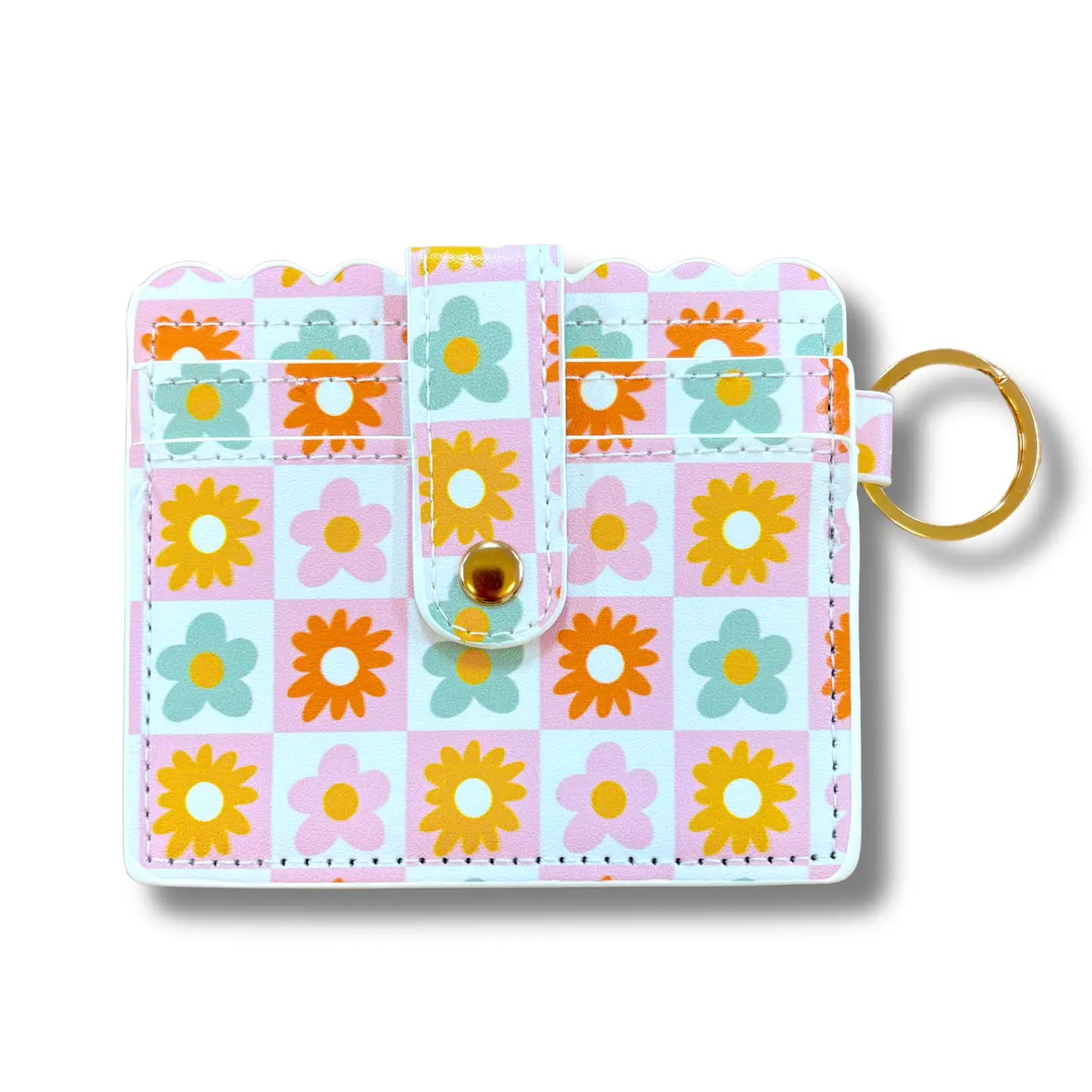 Floral patterned cardholder with keychain on a white background