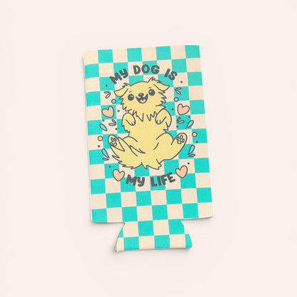Checkered towel with a cartoon dog design and text on a white background