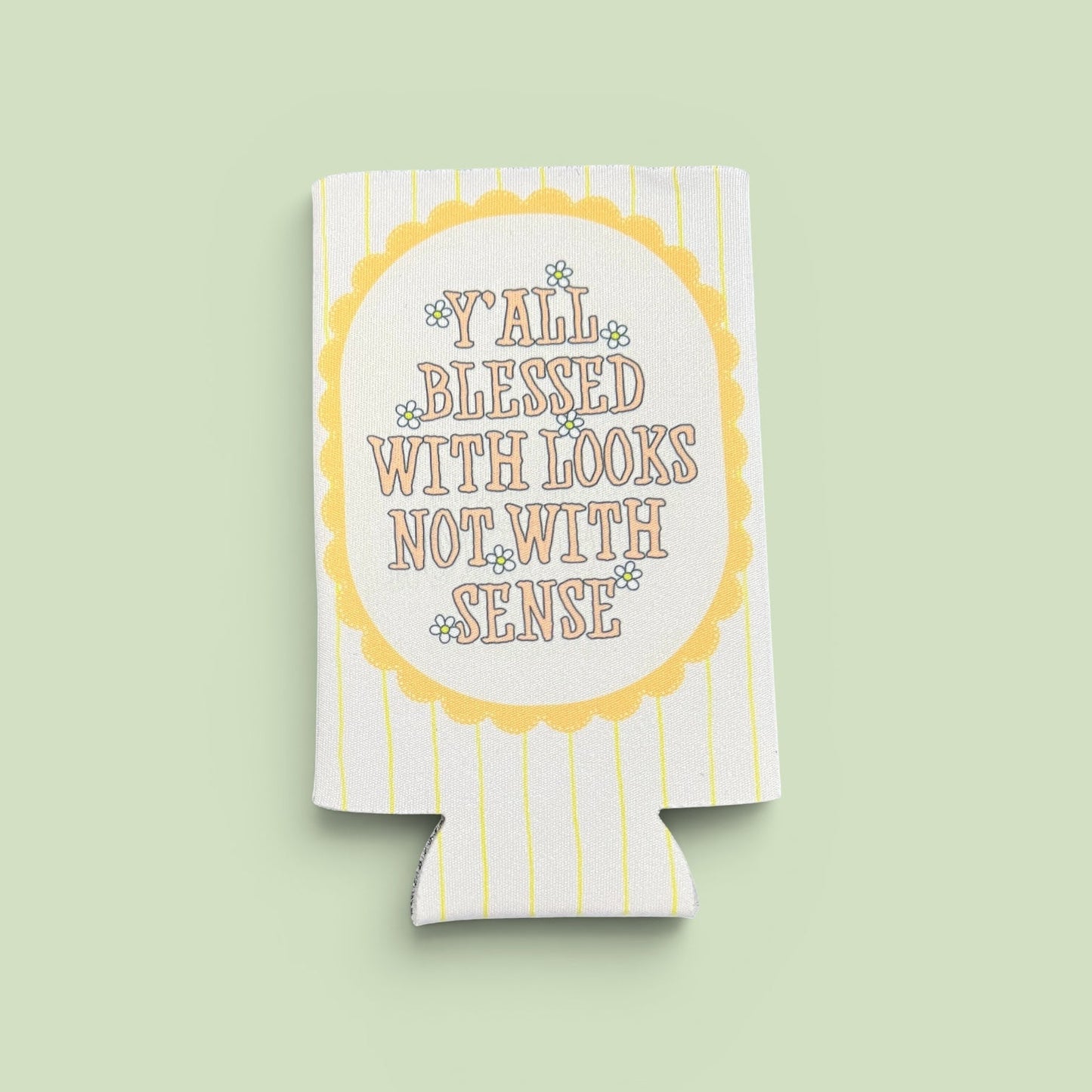 Koozie with text design on a light green background