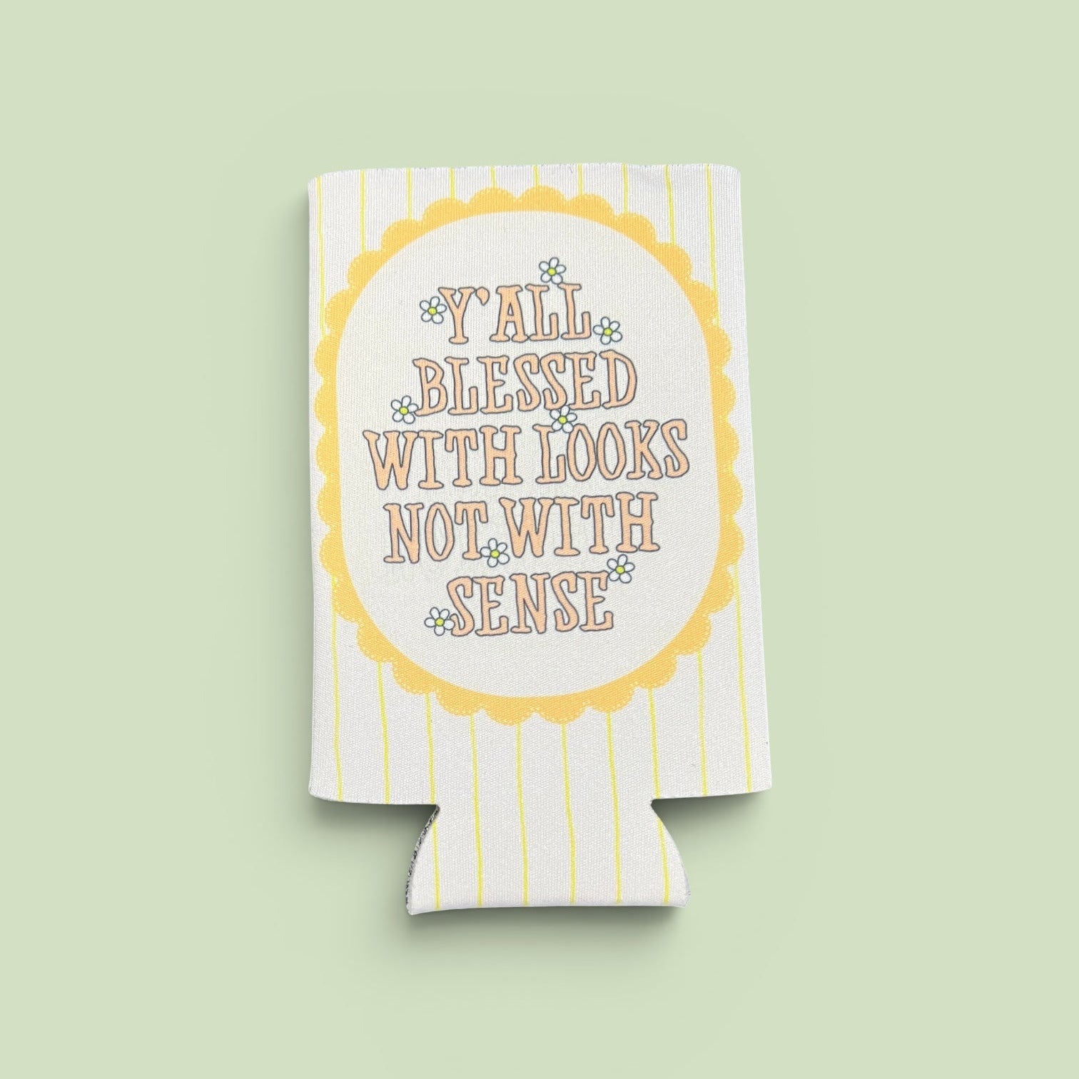 Koozie with text design on a light green background