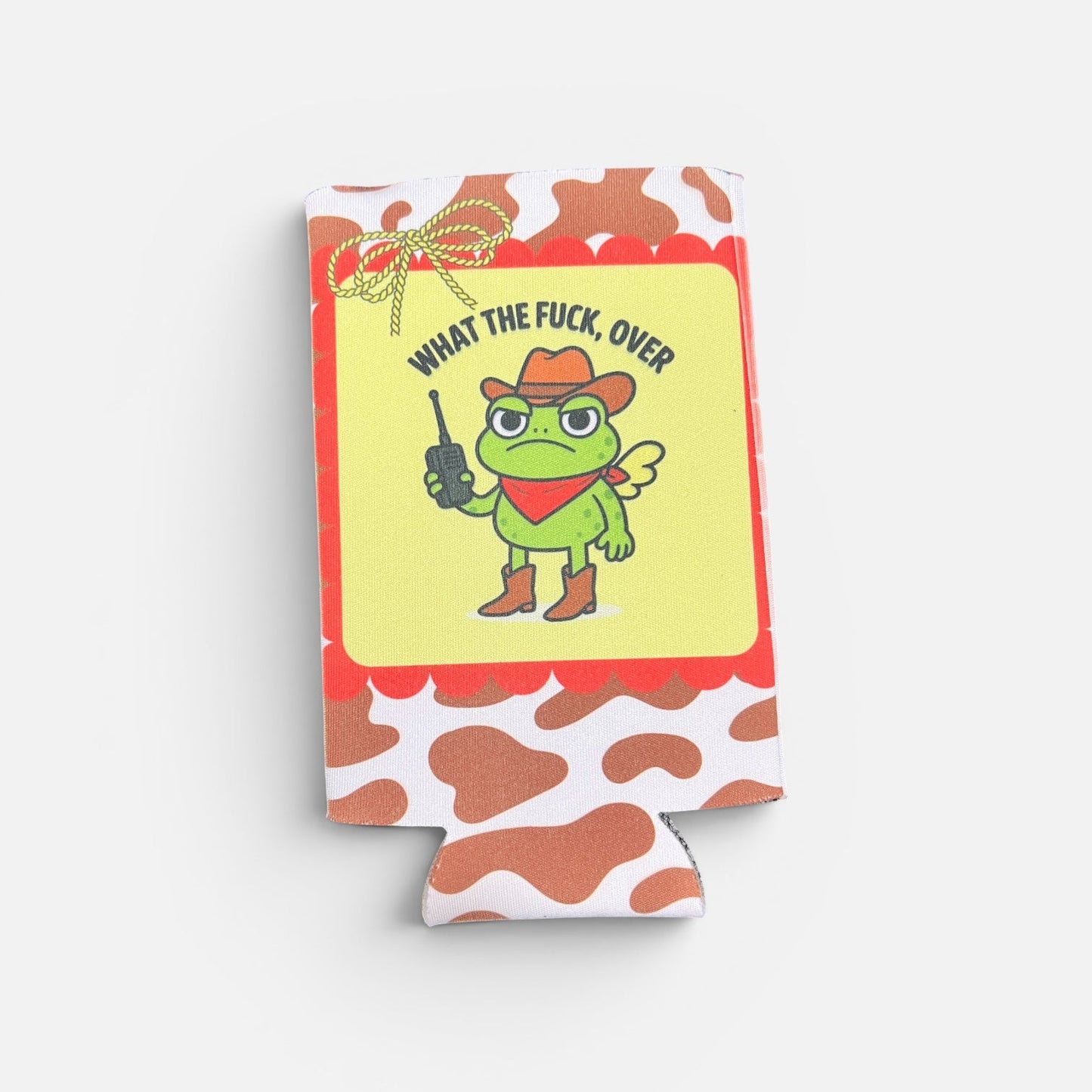 Coozie with a cartoon frog character and text on a white background