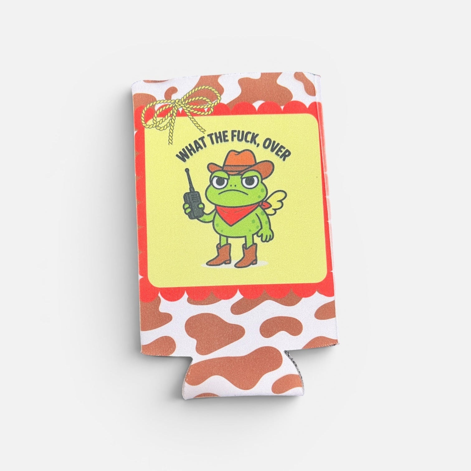 Coozie with a cartoon frog character and text on a white background