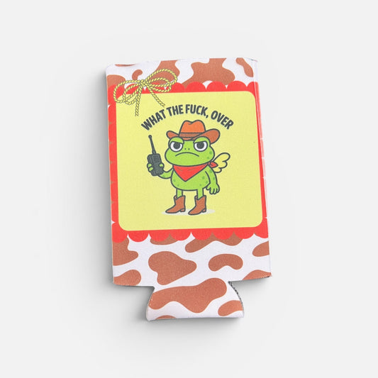Coozie with a cartoon frog character and text on a white background