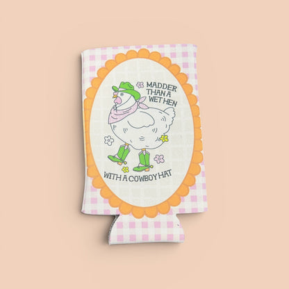 Koozie with cartoon duck wearing a cowboy hat and text on a checkered background