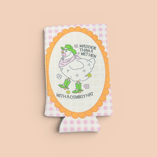 Koozie with cartoon duck wearing a cowboy hat and text on a checkered background