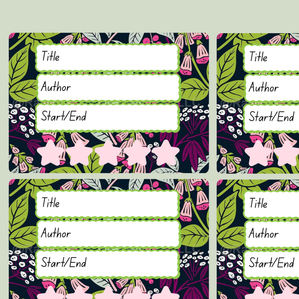 A book review sticker sheet against a pink background