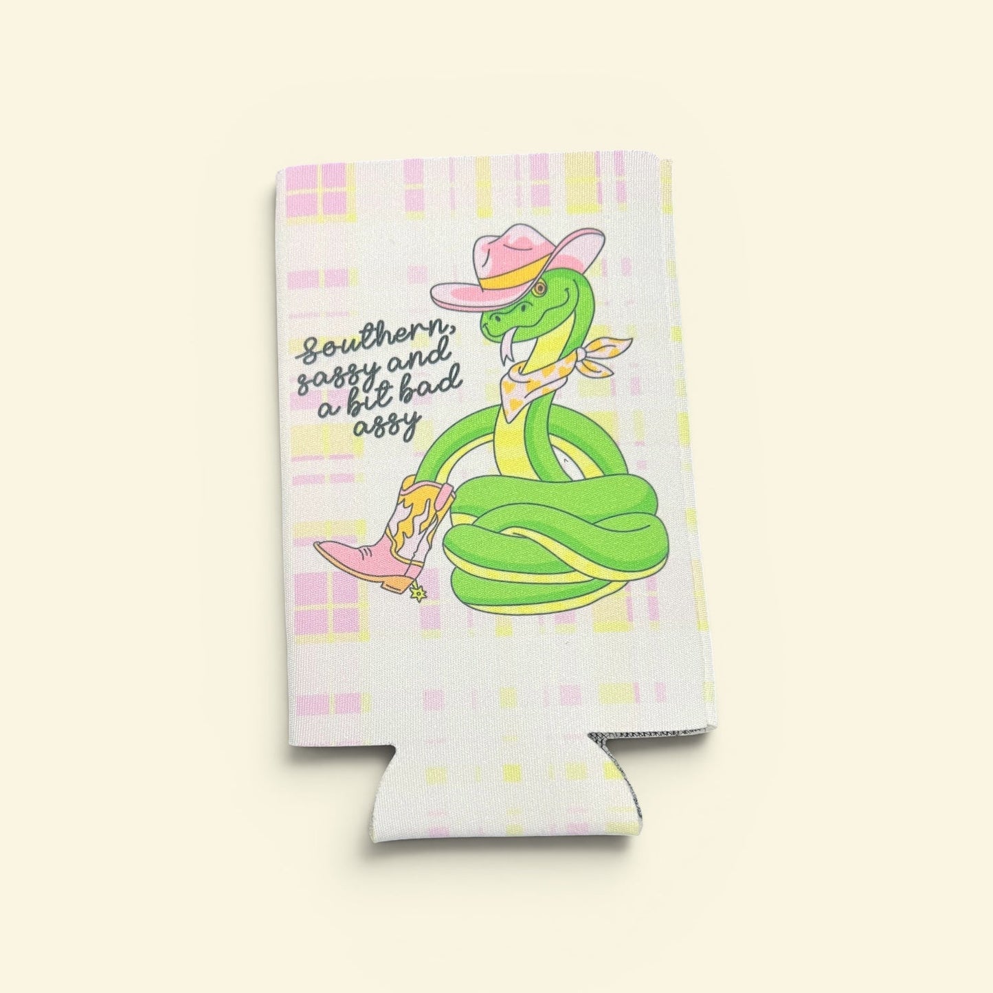 Koozie with cartoon character and text on a light background