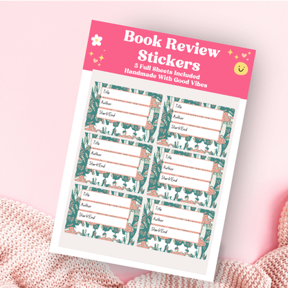 A book review sticker sheet against a pink background