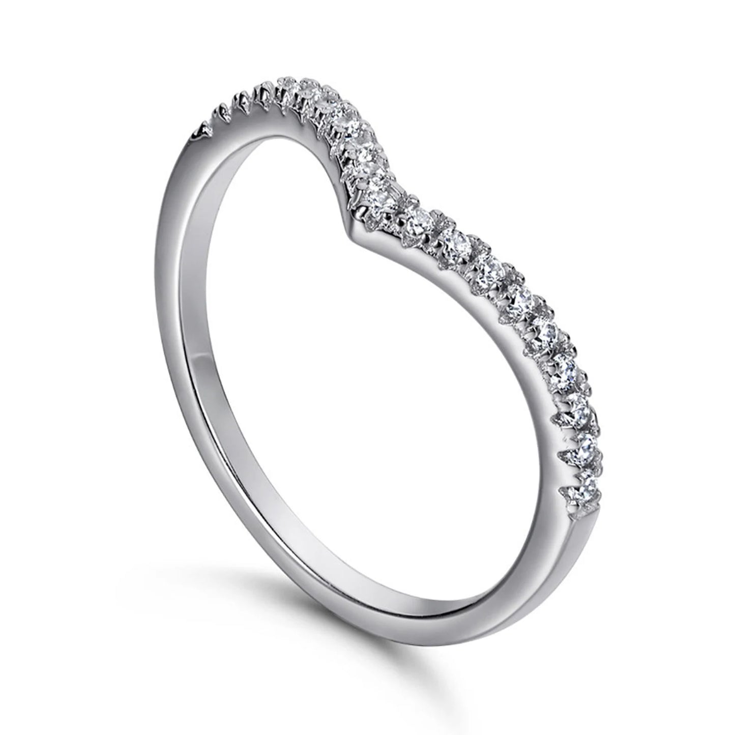 Silver ring with small diamonds on a white background