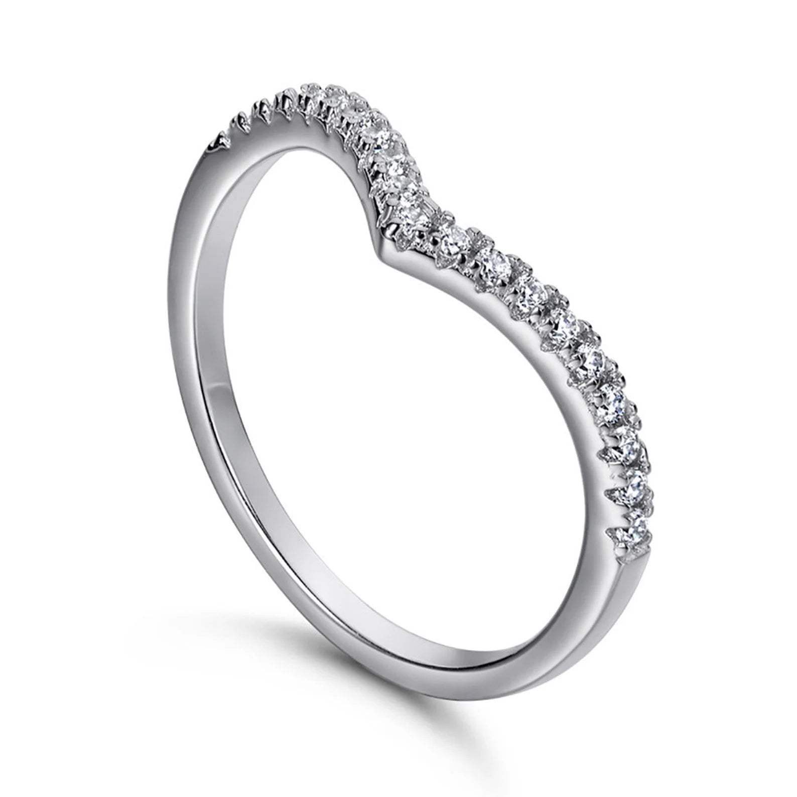 Silver ring with small diamonds on a white background