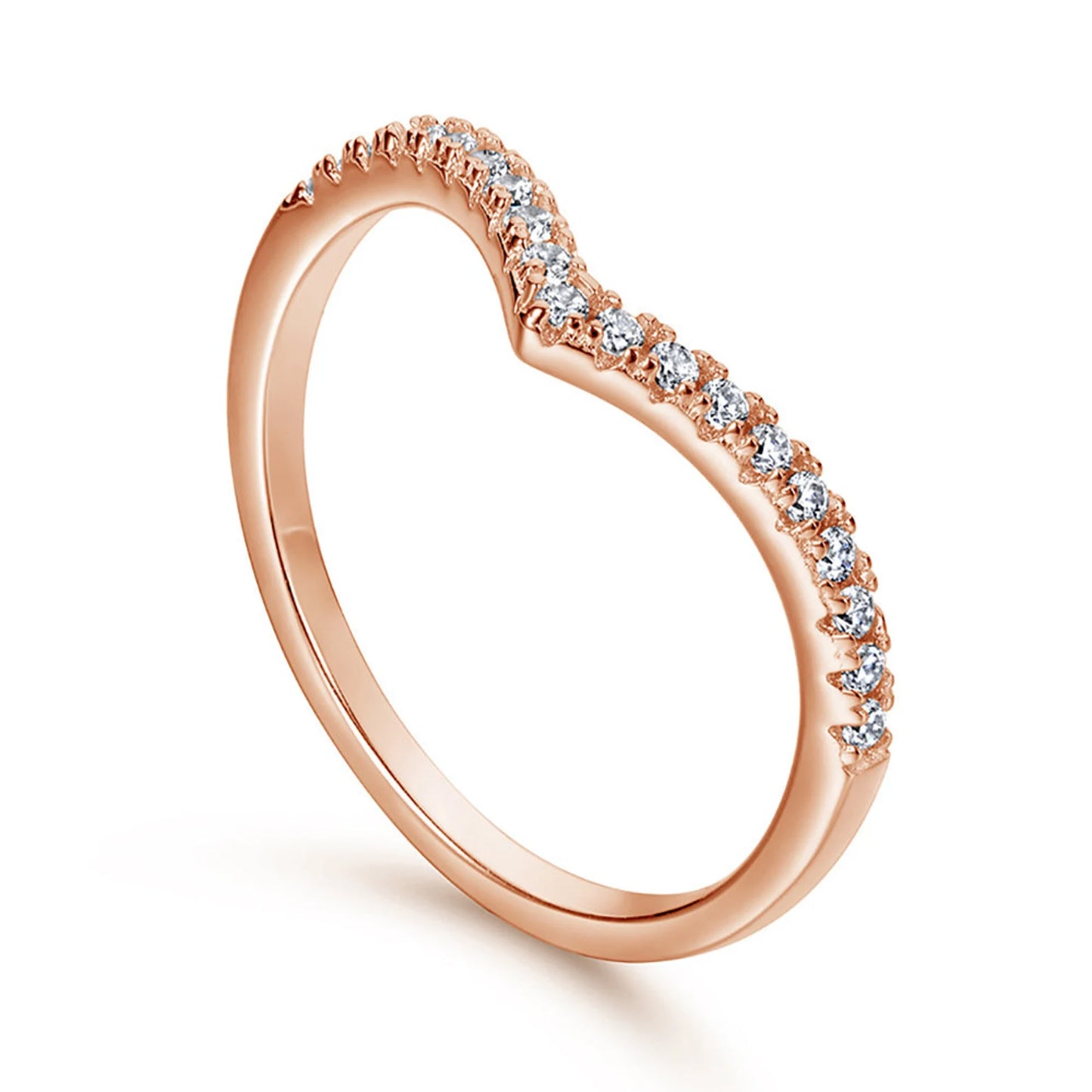 Rose gold ring with diamonds on a white background