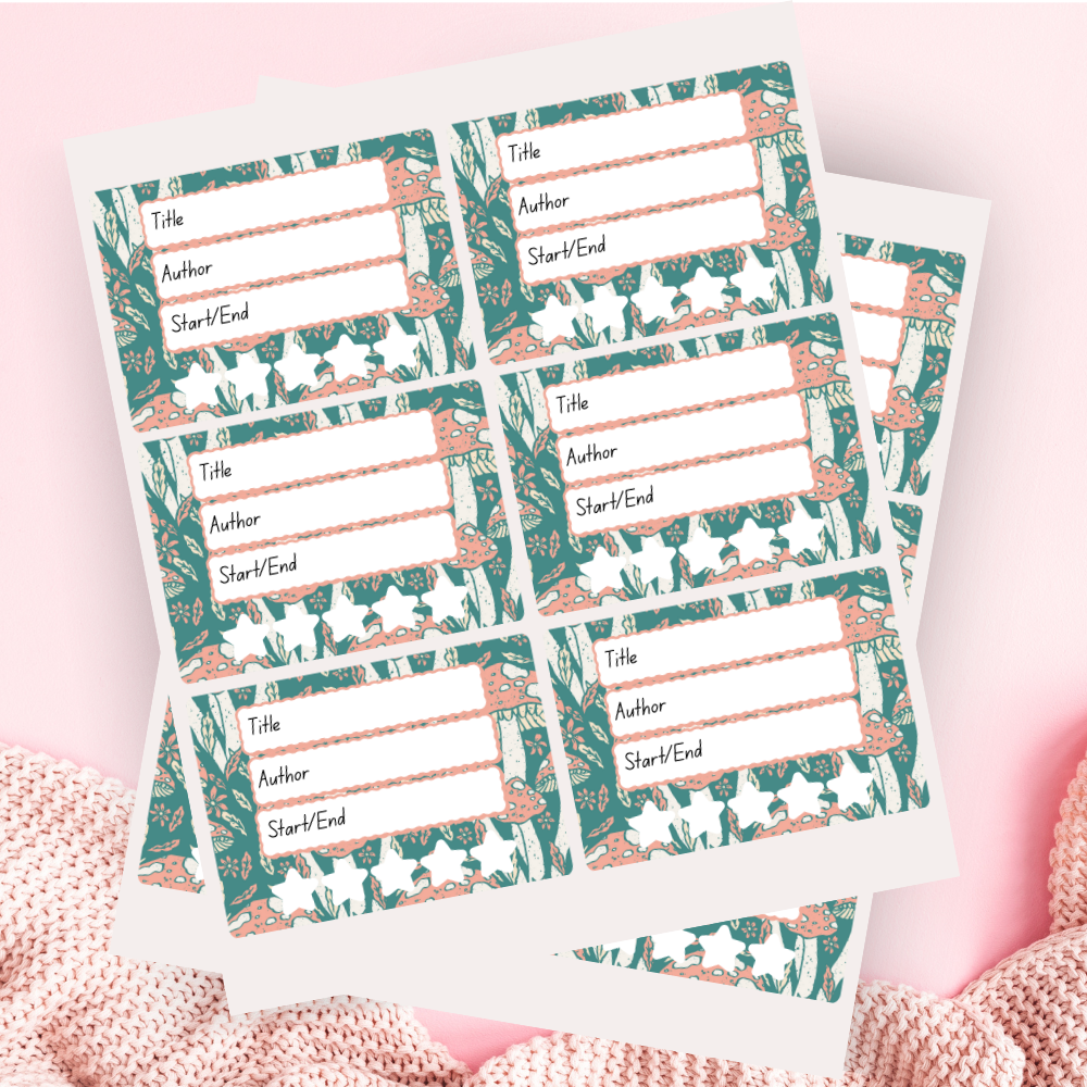 A book review sticker sheet against a pink background
