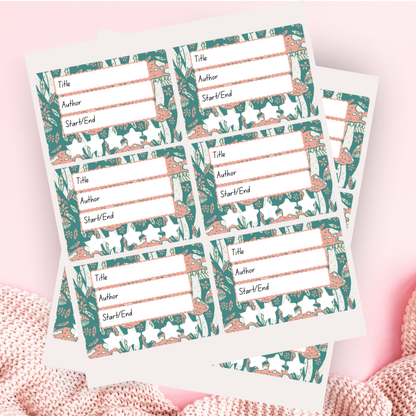 A book review sticker sheet against a pink background
