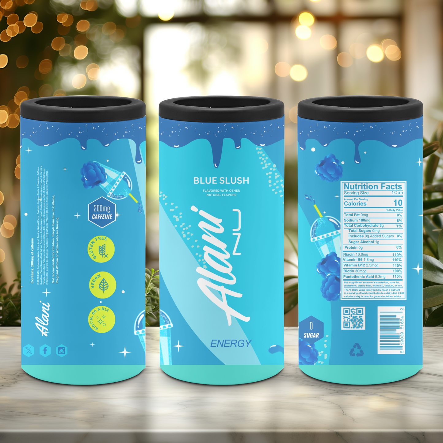 three skinny can coolers with an energy drink pattern on a flat surface with a blurred background