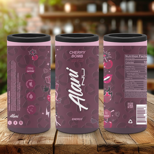 Three skinny can coolers with an energy drink pattern on a wooden surface with a blurred background