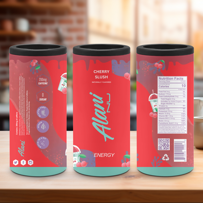 three skinny can coolers with an energy drink pattern on a flat surface with a blurred background
