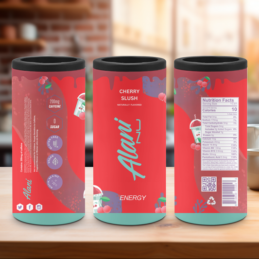 three skinny can coolers with an energy drink pattern on a flat surface with a blurred background