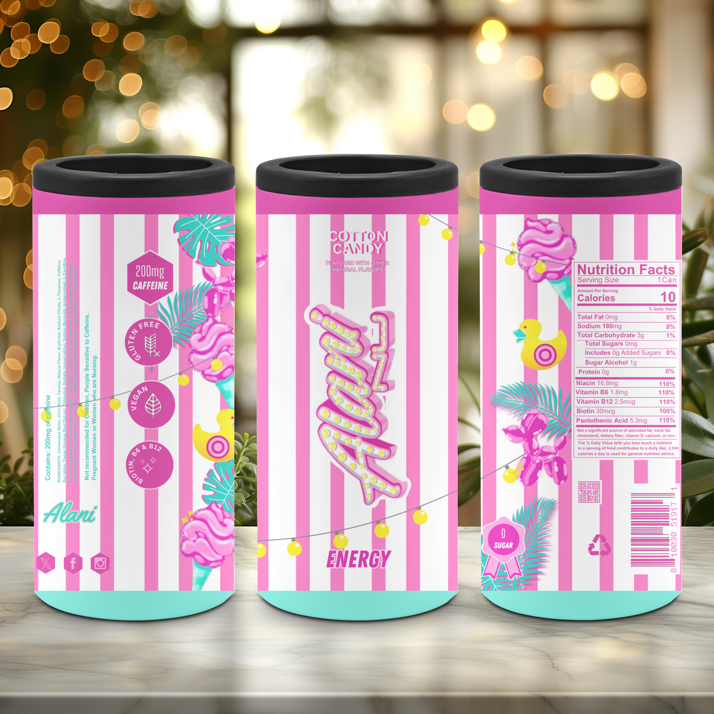 three skinny can coolers with a pink energy drink pattern on a marble surface with a blurred background