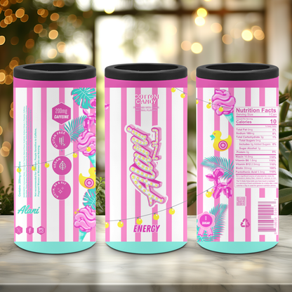 three skinny can coolers with a pink energy drink pattern on a marble surface with a blurred background