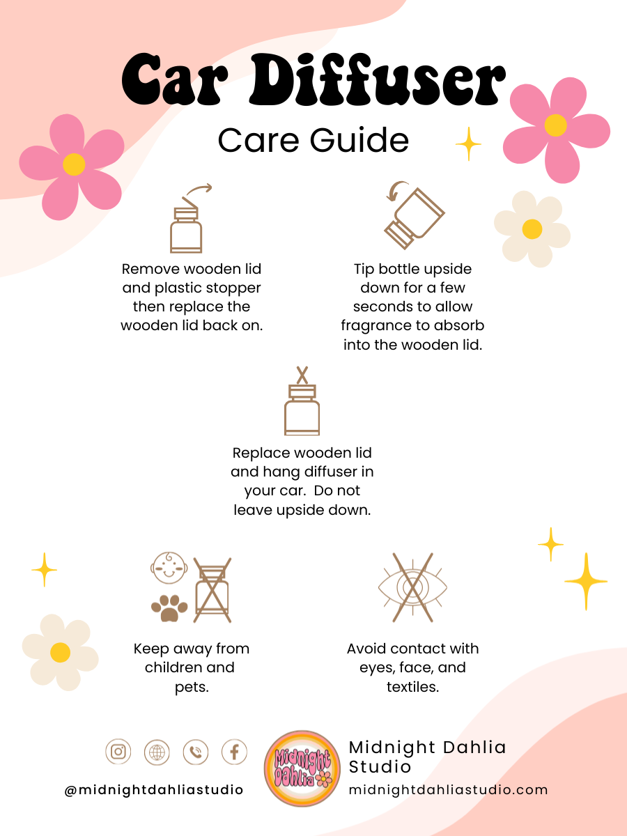Car diffuser care guide with icons and text on a light pink and white background