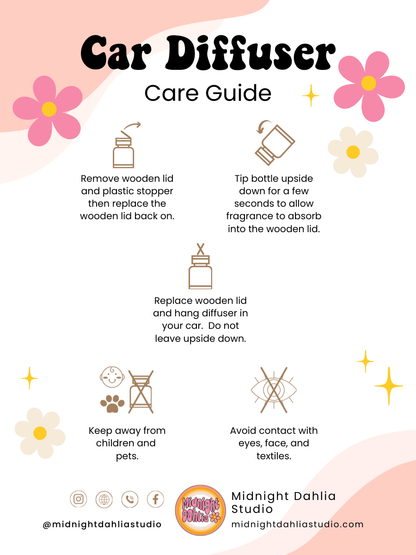 Car diffuser care guide with icons and text on a light pink and white background