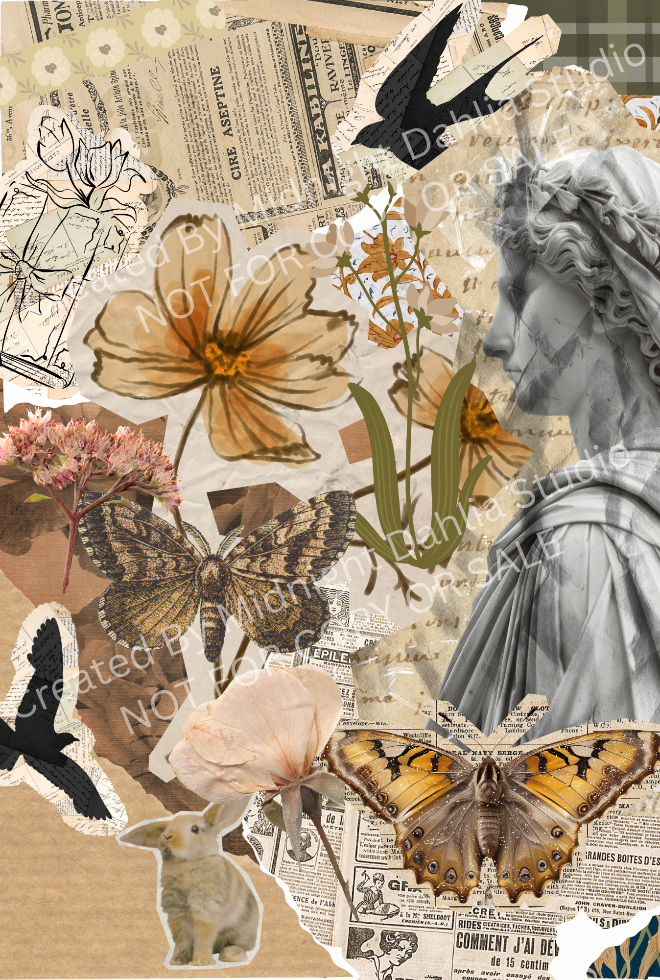 Collage of vintage newspaper clippings, flowers, butterflies, and a statue.